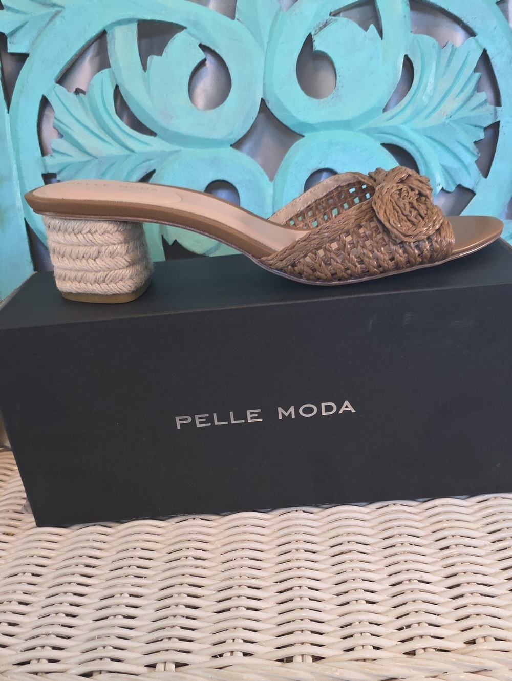 Pelle Moda Tan Woven Slide Mules with Rope-Wrapped Block Heel